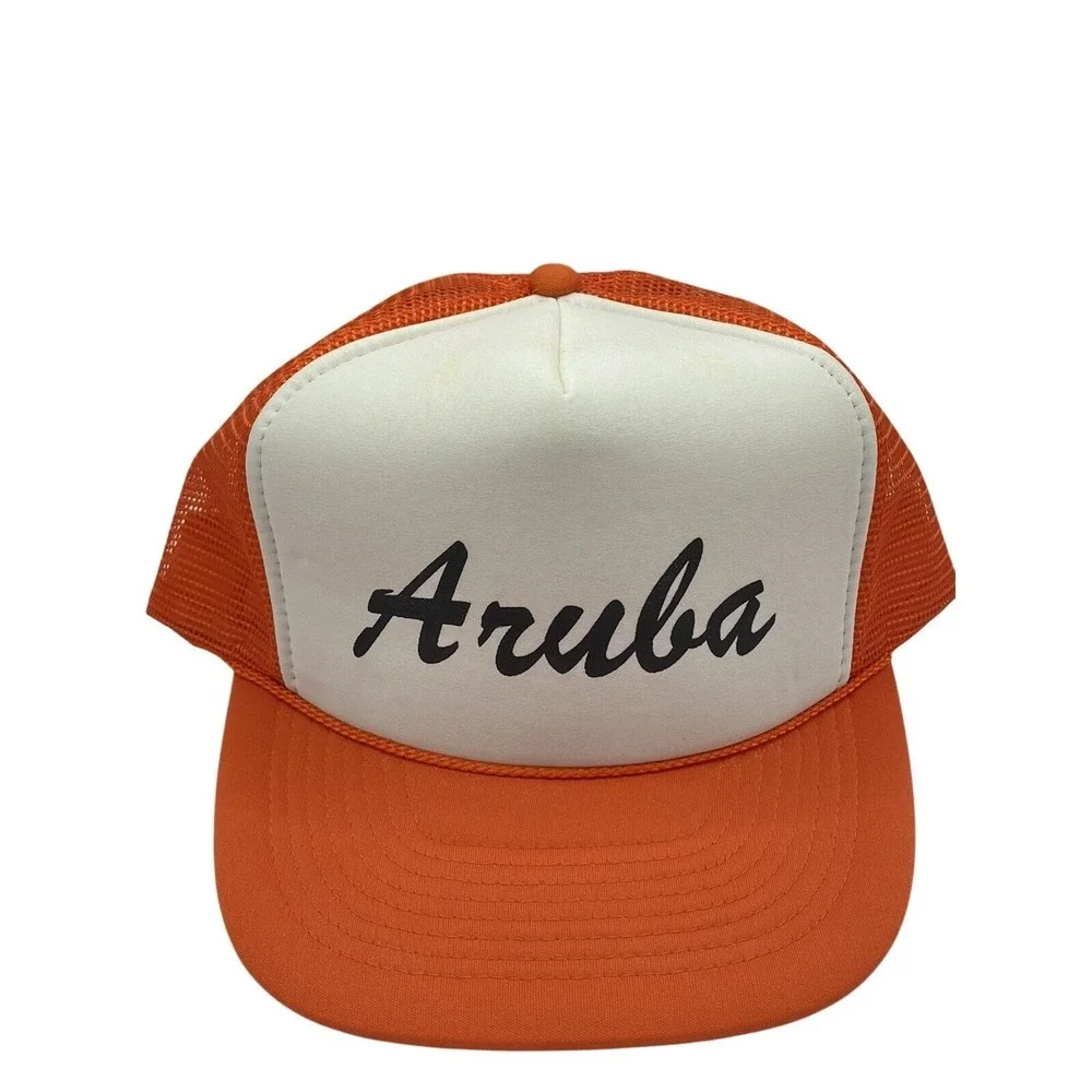 Vintage Nissun Aruba Trucker Hat Orange White Mesh Snapback Cap 90s Souvenir